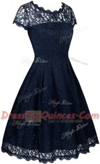 Custom Fit Navy Blue Empire Organza Scalloped Short Sleeves Lace Tea Length Zipper Prom Party Dress
