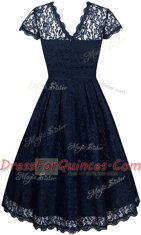 Custom Fit Navy Blue Empire Organza Scalloped Short Sleeves Lace Tea Length Zipper Prom Party Dress
