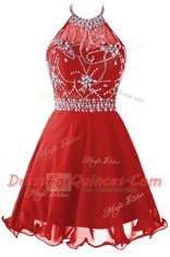 Modest Halter Top Sleeveless Zipper Prom Evening Gown Red Organza
