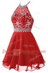 Modest Halter Top Sleeveless Zipper Prom Evening Gown Red Organza