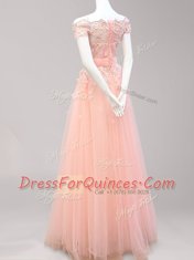 Perfect Off the Shoulder Cap Sleeves Floor Length Zipper Prom Party Dress Light Blue and Peach for Prom with Beading and Appliques