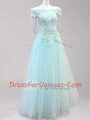 Perfect Off the Shoulder Cap Sleeves Floor Length Zipper Prom Party Dress Light Blue and Peach for Prom with Beading and Appliques