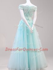 Perfect Off the Shoulder Cap Sleeves Floor Length Zipper Prom Party Dress Light Blue and Peach for Prom with Beading and Appliques