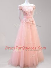 Perfect Off the Shoulder Cap Sleeves Floor Length Zipper Prom Party Dress Light Blue and Peach for Prom with Beading and Appliques