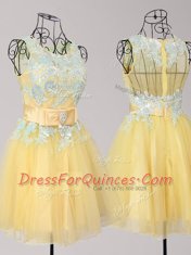 Extravagant Yellow Prom Dress Prom and Party and For with Appliques and Bowknot Scoop Sleeveless Zipper