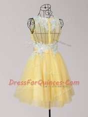 Extravagant Yellow Prom Dress Prom and Party and For with Appliques and Bowknot Scoop Sleeveless Zipper