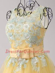 Extravagant Yellow Prom Dress Prom and Party and For with Appliques and Bowknot Scoop Sleeveless Zipper