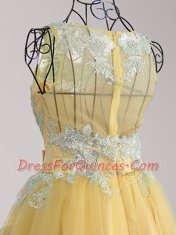 Extravagant Yellow Prom Dress Prom and Party and For with Appliques and Bowknot Scoop Sleeveless Zipper