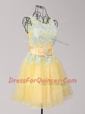 Extravagant Yellow Prom Dress Prom and Party and For with Appliques and Bowknot Scoop Sleeveless Zipper