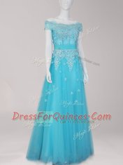 Aqua Blue Off The Shoulder Neckline Beading and Appliques Evening Dress Cap Sleeves Zipper