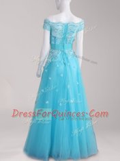 Aqua Blue Off The Shoulder Neckline Beading and Appliques Evening Dress Cap Sleeves Zipper