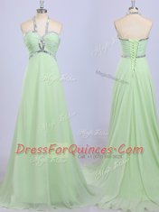 Most Popular Court Train Empire Dress for Prom Yellow Green Halter Top Chiffon Sleeveless Zipper
