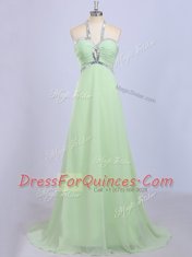 Most Popular Court Train Empire Dress for Prom Yellow Green Halter Top Chiffon Sleeveless Zipper