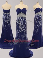Smart Beading Dress for Prom Navy Blue Zipper Sleeveless Brush Train