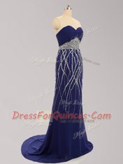 Smart Beading Dress for Prom Navy Blue Zipper Sleeveless Brush Train