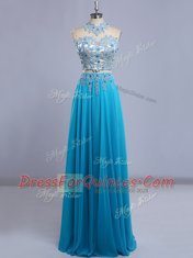 Chiffon High-neck Cap Sleeves Backless Beading and Lace Prom Party Dress in Baby Blue