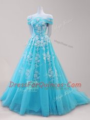 Low Price Off the Shoulder Tulle Cap Sleeves Prom Evening Gown and Beading and Appliques