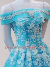 Low Price Off the Shoulder Tulle Cap Sleeves Prom Evening Gown and Beading and Appliques