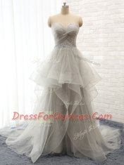 High Quality Court Train A-line Prom Dresses Grey Sweetheart Tulle Sleeveless Lace Up