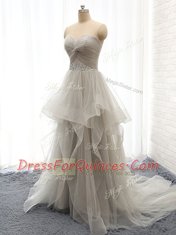 High Quality Court Train A-line Prom Dresses Grey Sweetheart Tulle Sleeveless Lace Up