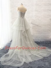 High Quality Court Train A-line Prom Dresses Grey Sweetheart Tulle Sleeveless Lace Up