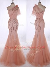 Comfortable One Shoulder Sleeveless Tulle Dress for Prom Beading and Hand Made Flower Brush Train Zipper