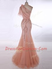Comfortable One Shoulder Sleeveless Tulle Dress for Prom Beading and Hand Made Flower Brush Train Zipper