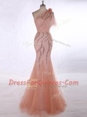 Comfortable One Shoulder Sleeveless Tulle Dress for Prom Beading and Hand Made Flower Brush Train Zipper