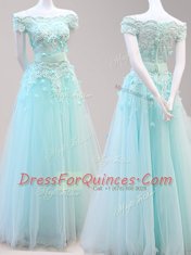 Lovely Off The Shoulder Cap Sleeves Zipper Homecoming Dress Light Blue Tulle