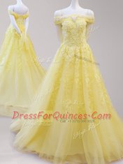 Yellow Off The Shoulder Lace Up Beading and Appliques Evening Dress Cap Sleeves