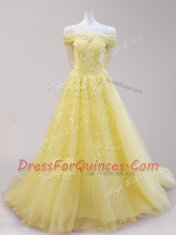 Yellow Off The Shoulder Lace Up Beading and Appliques Evening Dress Cap Sleeves