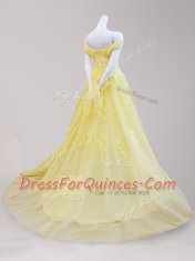Yellow Off The Shoulder Lace Up Beading and Appliques Evening Dress Cap Sleeves