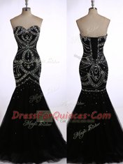 Sophisticated Mermaid Black Sleeveless Brush Train Beading Dress for Prom