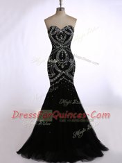 Sophisticated Mermaid Black Sleeveless Brush Train Beading Dress for Prom