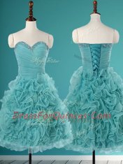 Fashionable Turquoise Sleeveless Beading and Ruffles Mini Length Prom Gown