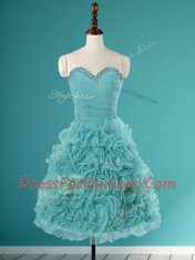 Fashionable Turquoise Sleeveless Beading and Ruffles Mini Length Prom Gown