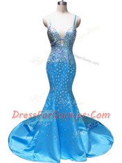 Mermaid Sleeveless Satin With Train Court Train Zipper Dress for Prom in Baby Blue with Beading