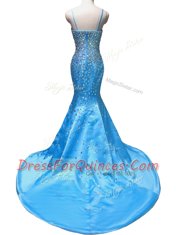 Mermaid Sleeveless Satin With Train Court Train Zipper Dress for Prom in Baby Blue with Beading