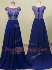 Scoop Royal Blue Zipper Prom Party Dress Beading Cap Sleeves With Brush Train