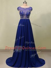 Scoop Royal Blue Zipper Prom Party Dress Beading Cap Sleeves With Brush Train
