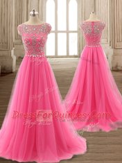 Scoop Rose Pink Tulle Zipper Dress for Prom Cap Sleeves Brush Train Beading