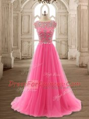 Scoop Rose Pink Tulle Zipper Dress for Prom Cap Sleeves Brush Train Beading