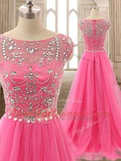Scoop Rose Pink Tulle Zipper Dress for Prom Cap Sleeves Brush Train Beading