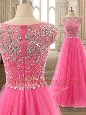 Scoop Rose Pink Tulle Zipper Dress for Prom Cap Sleeves Brush Train Beading