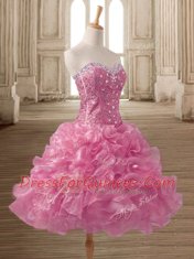Sleeveless Mini Length Beading and Ruffles Lace Up Prom Dress with Pink