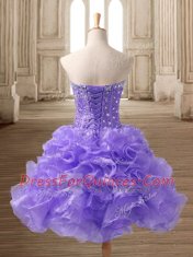Lavender Organza Lace Up Homecoming Dress Sleeveless Mini Length Beading and Ruffles