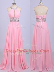 Ideal Halter Top Sleeveless Beading and Belt Zipper Prom Gown