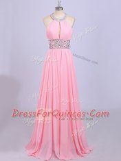 Ideal Halter Top Sleeveless Beading and Belt Zipper Prom Gown
