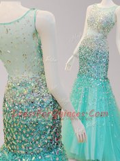 Glorious Mermaid Turquoise Prom Dress Prom and For with Beading Scoop Sleeveless Brush Train Side Zipper