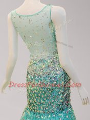 Glorious Mermaid Turquoise Prom Dress Prom and For with Beading Scoop Sleeveless Brush Train Side Zipper